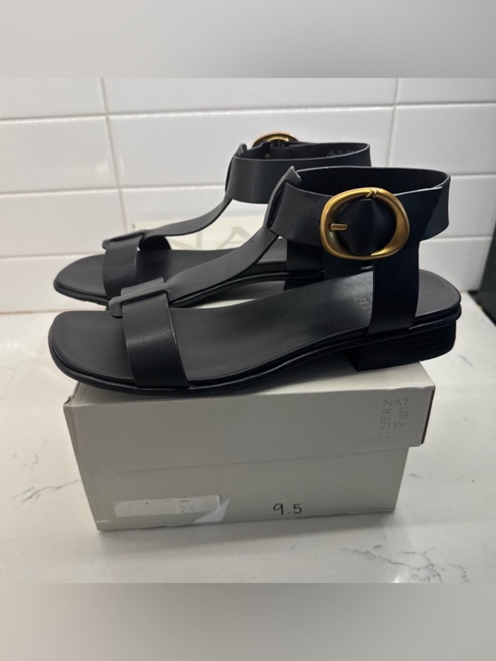 New Natulizer Brandy Black Leather Ankle-Strap Sandals with Gold Buckle Open Toe